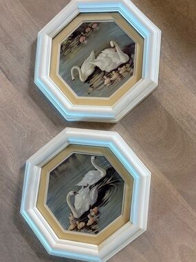 Vintage 1980's Homco(Home Interiors)Swan Art Prints (2) in Original Frame White